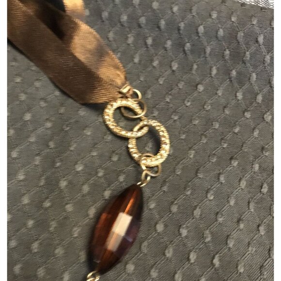Vintage Brown Beaded Ribbon Necklace With Rhinestone Accents - Picture 2 of 5